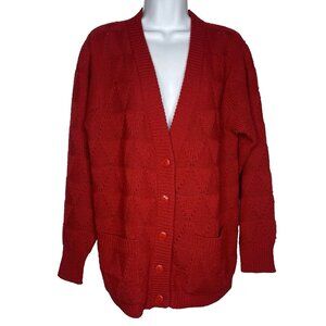 Vintage 70s Le Roy Red Pointelle Knit Grandpa Cardigan Sweater